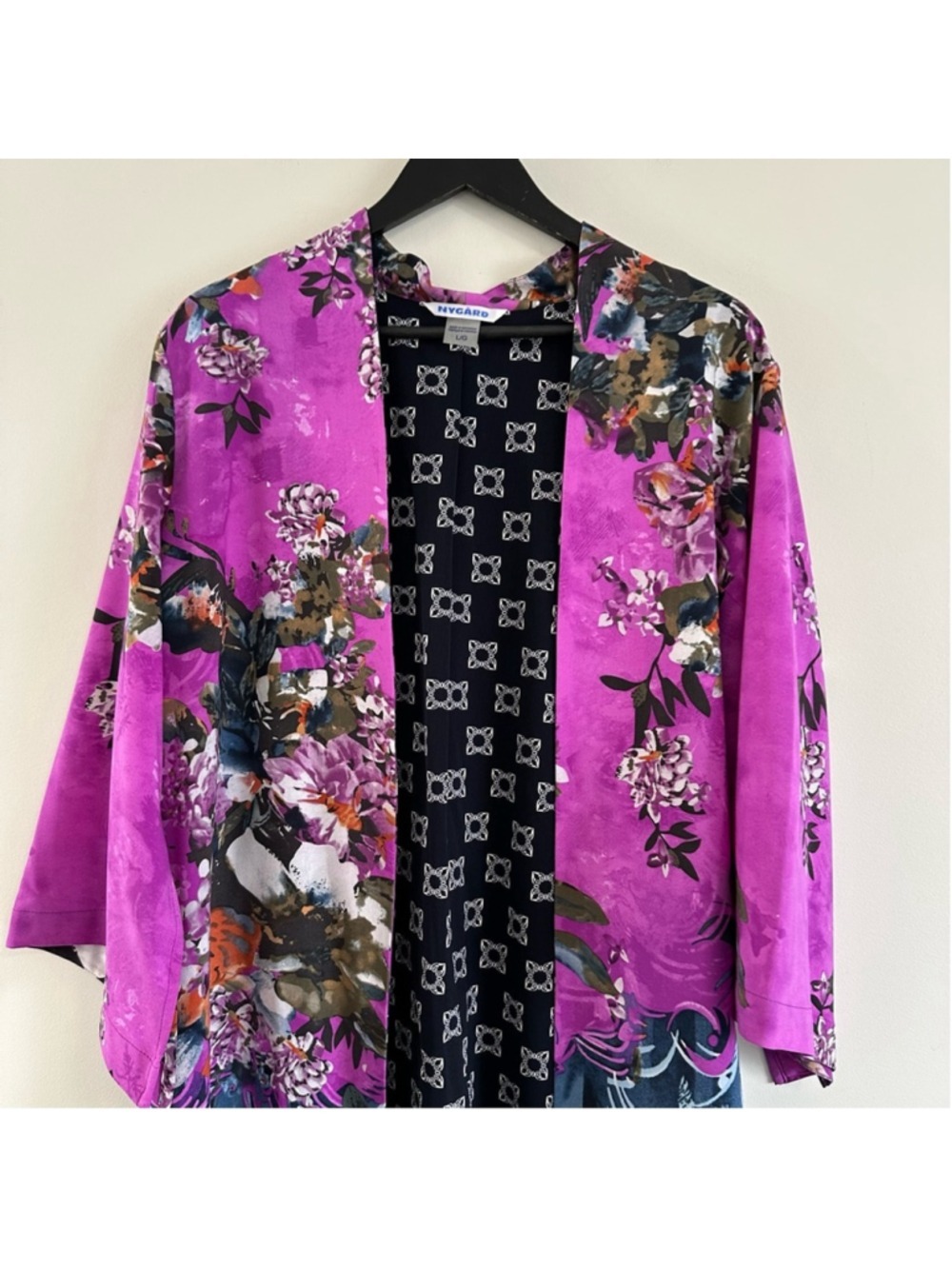 Peter Nygard Floral Kimono Duster Cardigan Jacket Size Large Pink Blue Lined - Picture 7 of 13